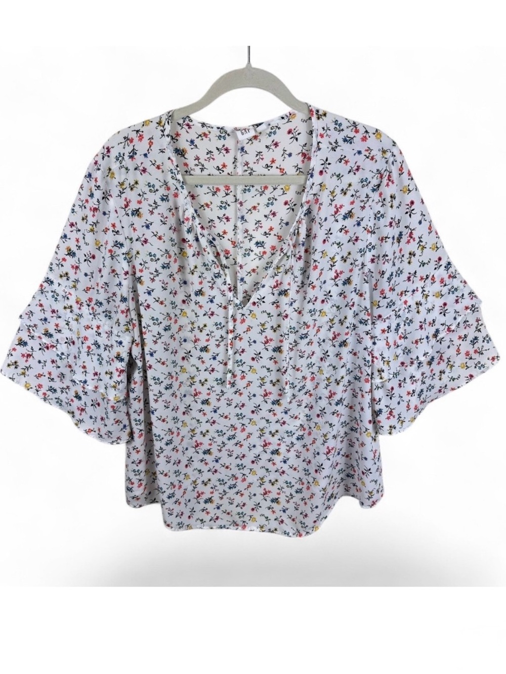 Gap Womens XL‎ White Floral Tiered Bell Sleeve Split Neck Tie Blouse Top